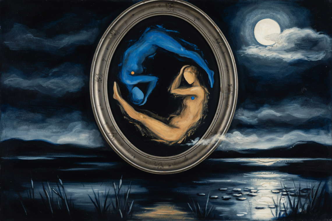 A yin-yang of blue and ochre shadow figures reflected in a moonlit mirror.