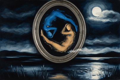A yin-yang of blue and ochre shadow figures reflected in a moonlit mirror.