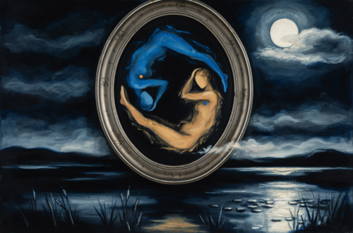 A yin-yang of blue and ochre shadow figures reflected in a moonlit mirror.