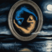 A yin-yang of blue and ochre shadow figures reflected in a moonlit mirror.
