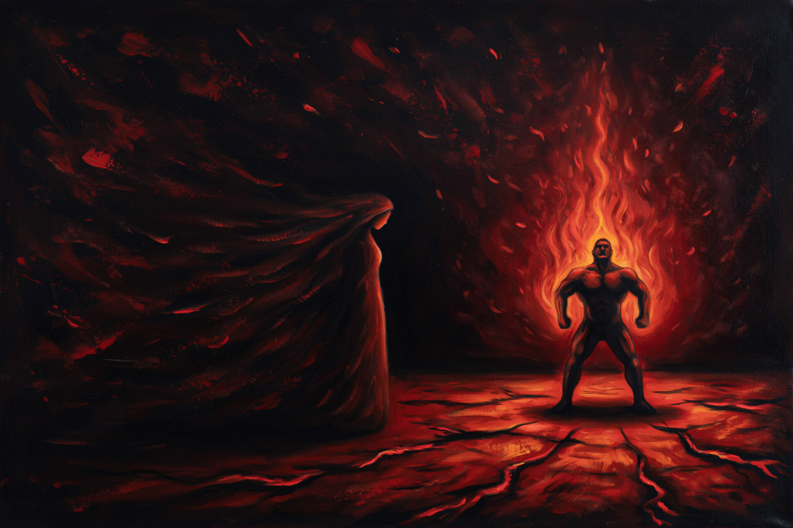 A distant strongman silhouette stands in red flame-like light with a shadow behind him.