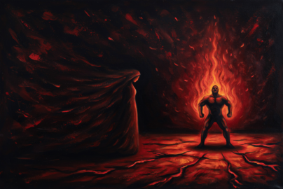 A distant strongman silhouette stands in red flame-like light with a shadow behind him.