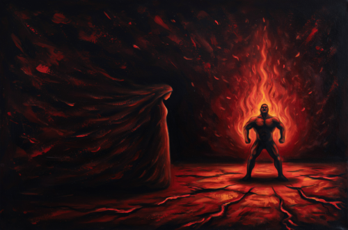 A distant strongman silhouette stands in red flame-like light with a shadow behind him.