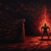 A distant strongman silhouette stands in red flame-like light with a shadow behind him.