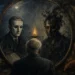 Cracked mirror with a pale mask, dark reflection, and small flame symbolizing Jung’s contested legacy.