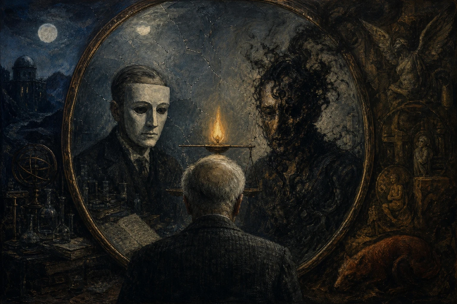 Cracked mirror with a pale mask, dark reflection, and small flame symbolizing Jung’s contested legacy.