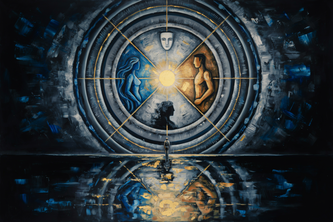 A luminous Jungian mandala integrates persona, shadow, anima-animus, ego, and Self.