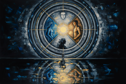 A luminous Jungian mandala integrates persona, shadow, anima-animus, ego, and Self.