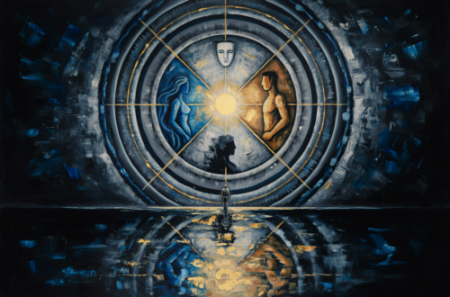 A luminous Jungian mandala integrates persona, shadow, anima-animus, ego, and Self.