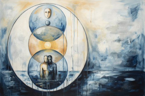 Overlapping symbolic circles show the Self between persona, ego, shadow, and the unconscious.